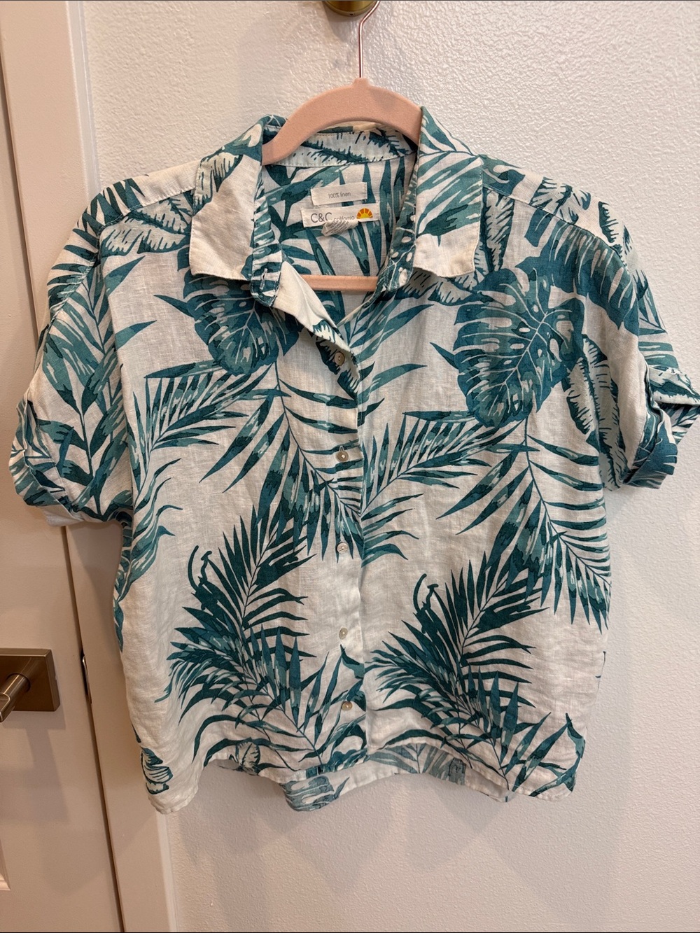 C&C California Teal Palm-Print Short Sleeve Shirt
